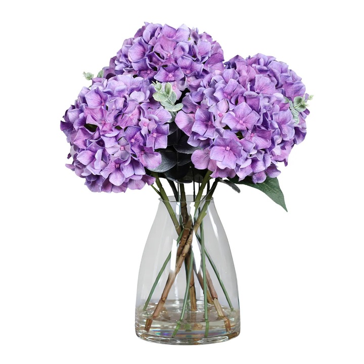Aranjament premium cu hortensii artificiale mov in vas de sticla, inaltime 45 cm