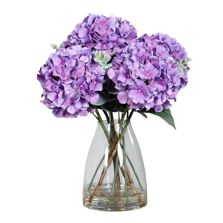 Премиум аранжировка с лилави изкуствени хортензии в стъклена ваза с височина 45см