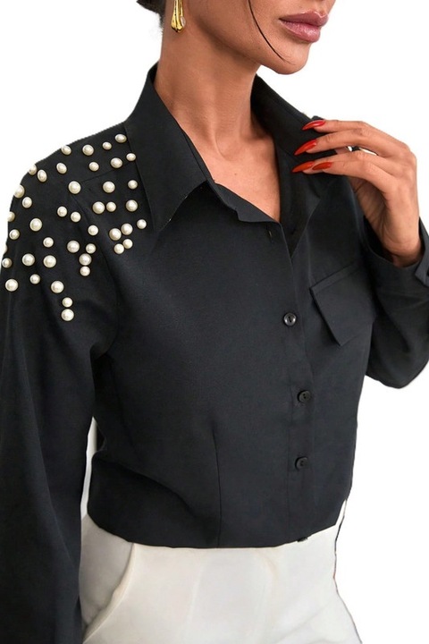 Camasa Dama, Eleganta, Brodata Cu Perle, Buzunar Fals Si Maneci Lungi, Negru