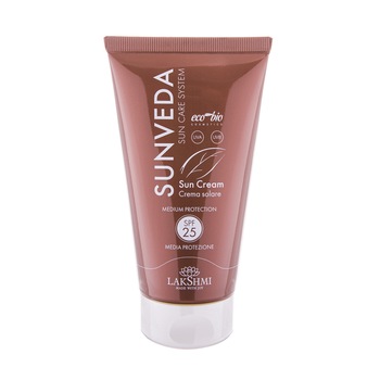 Crema solara de protectie medie fata si corp 25 spf, Lakshmi, 150ml, organica, ofera un bronz stralucitor, sigur si natural, cu filtre UVA si UVB Crema solara de protectie medie fata si corp 25 spf, Lakshmi, 150ml, organica, ofera un bronz stralucitor, sigur si natural, cu filtre UVA si UVB