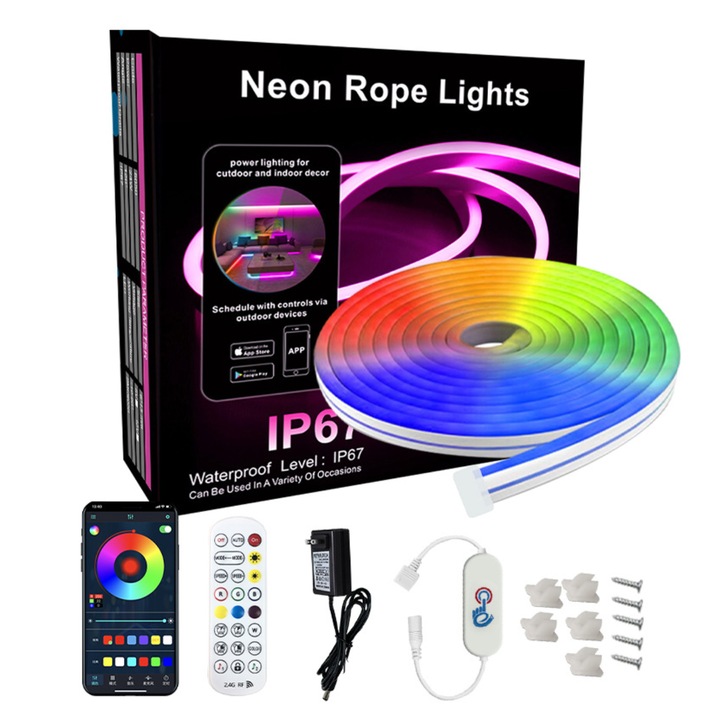 LED неонови ленти, IP67 водоустойчиви, приложение + дистанционно управление, смяна на цвета, гъвкав дизайн, комплект
