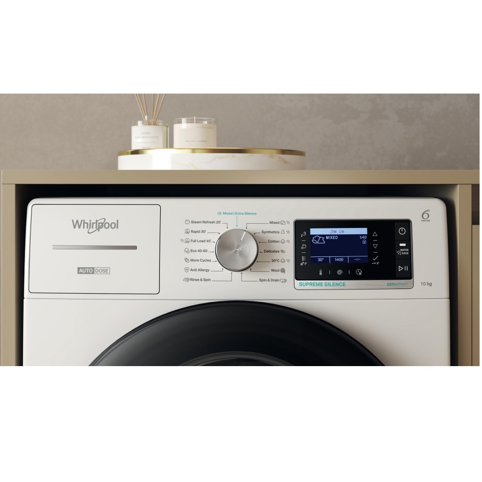 Masina de spalat rufe Whirlpool W8 09AD SILENCE EE, 10 kg, 1400 rpm, FreshCare+, Autodose, Steam Hygiene, Tehnologie al 6-lea Simt, Clasa A, Alb