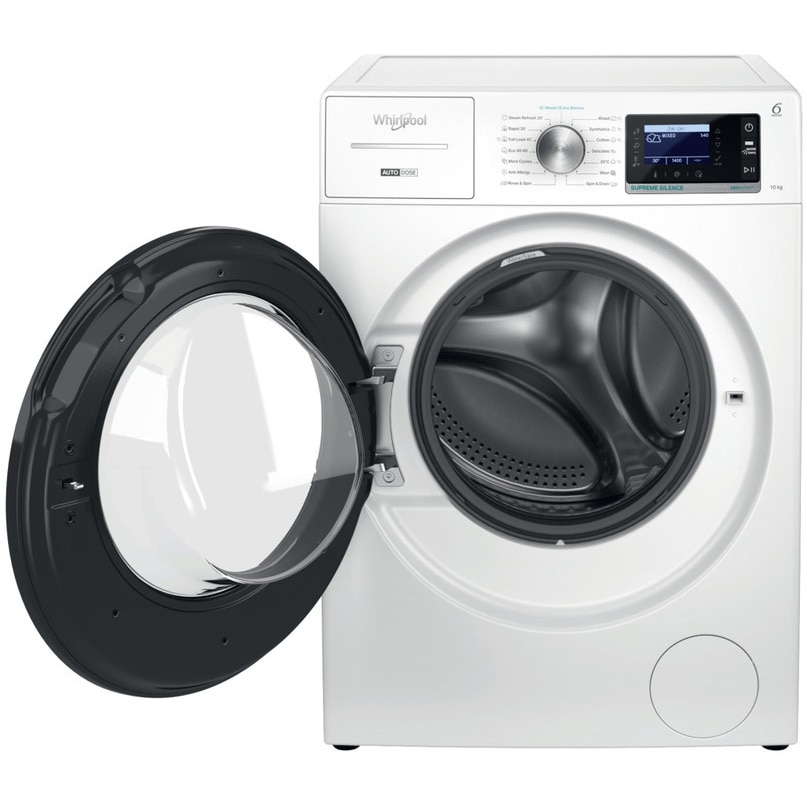 Masina de spalat rufe Whirlpool W8 09AD SILENCE EE, 10 kg, 1400 rpm, FreshCare+, Autodose, Steam Hygiene, Tehnologie al 6-lea Simt, Clasa A, Alb