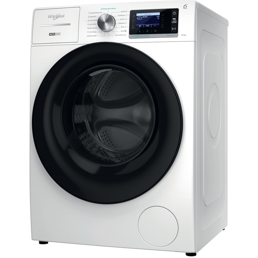 Masina de spalat rufe Whirlpool W8 09AD SILENCE EE, 10 kg, 1400 rpm, FreshCare+, Autodose, Steam Hygiene, Tehnologie al 6-lea Simt, Clasa A, Alb