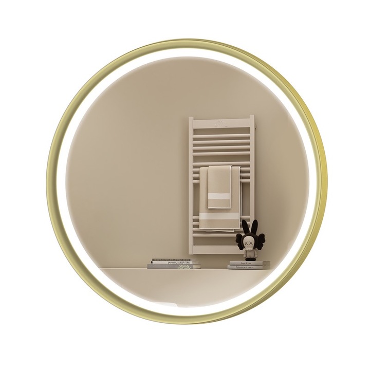 Oglinda de baie rotunda S'bagno cu LED, 600 mm, oglinda de baie cu LED-uri rezistenta la explozii, cadru din aluminiu, functie anti-aburire, 3000-6500K trei temperaturi de culoare, functia de memorie, sticla securizata HD, culoare aurie, IP54