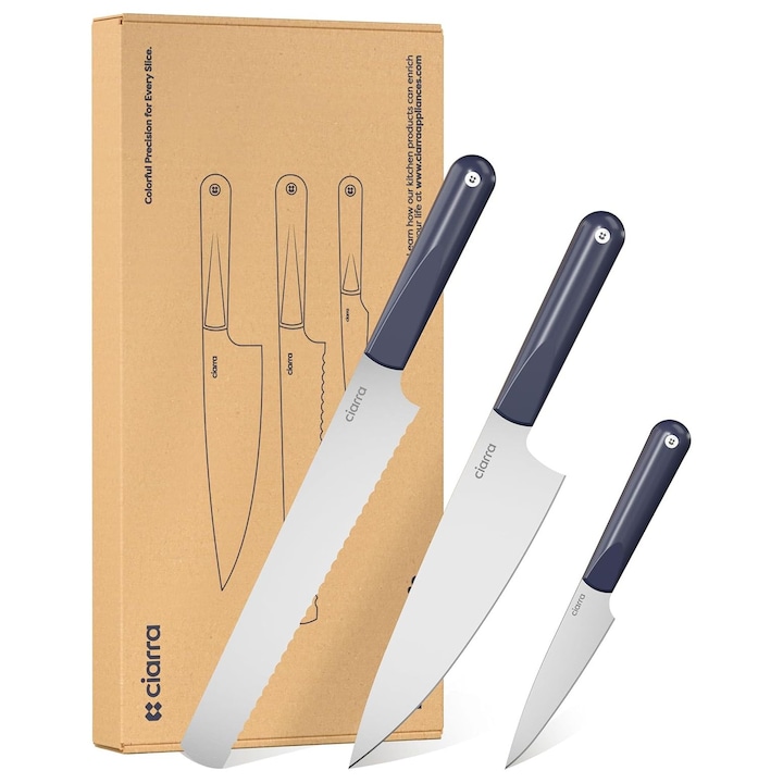 Set 3 cutite Ciarra, Trio Knife Set - Midnight Dream, contine cutitul bucatarului, cutit de paine si cutit de feliere, lama din otel inoxidabil cu continut de carbon, maner ergonomic, cutie cadou inclusa, bleumarin