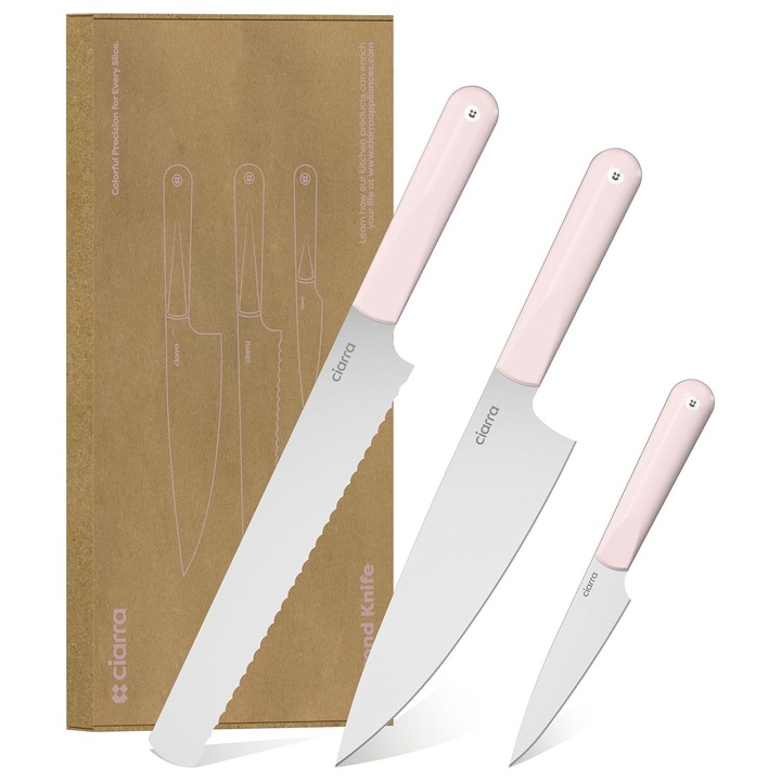 Set 3 cutite Ciarra, Trio Knife Set - Sakura Candy, contine cutitul bucatarului, cutit de paine si cutit de feliere, lama din otel inoxidabil cu continut de carbon, maner ergonomic, cutie cadou inclusa, roz pastel