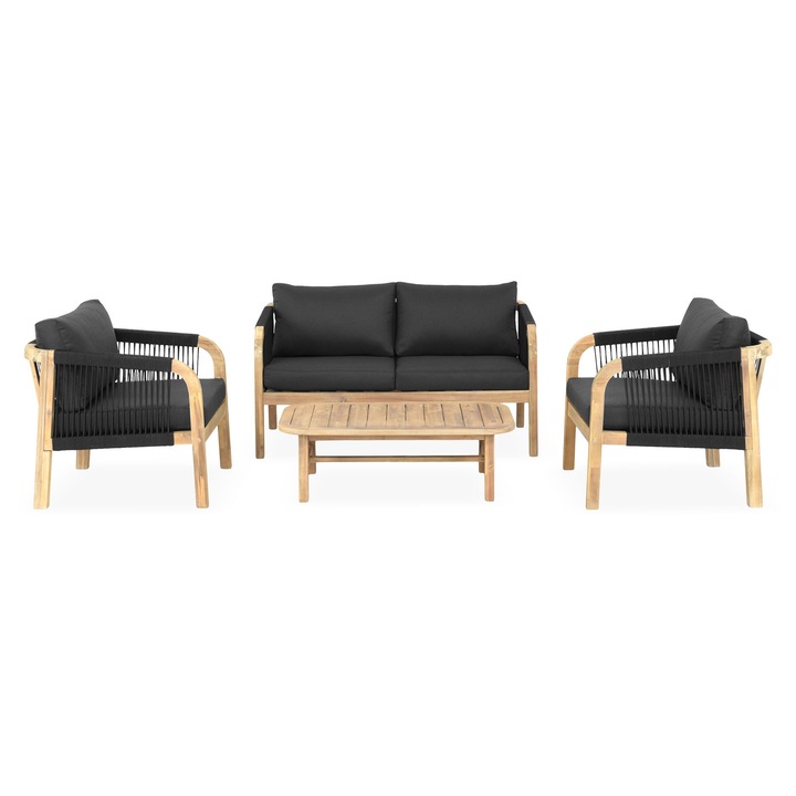 Set mobilier gradina/terasa canapea 2 locuri, 2 fotolii si masuta, Maison Mex COLUMBUS, natur/negru