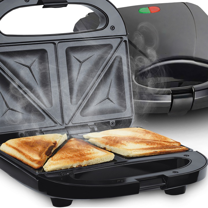 Sandwich maker ceramic Retoo HomeSmart, 850W, incalzire rapida, termostat, 2 sandvisuri, placi antiaderente, indicator LED, baza anti-alunecare, cablu 70cm, negru-argintiu, design ergonomic, constructie solida, ideal pentru mic dejun crocant si gustos