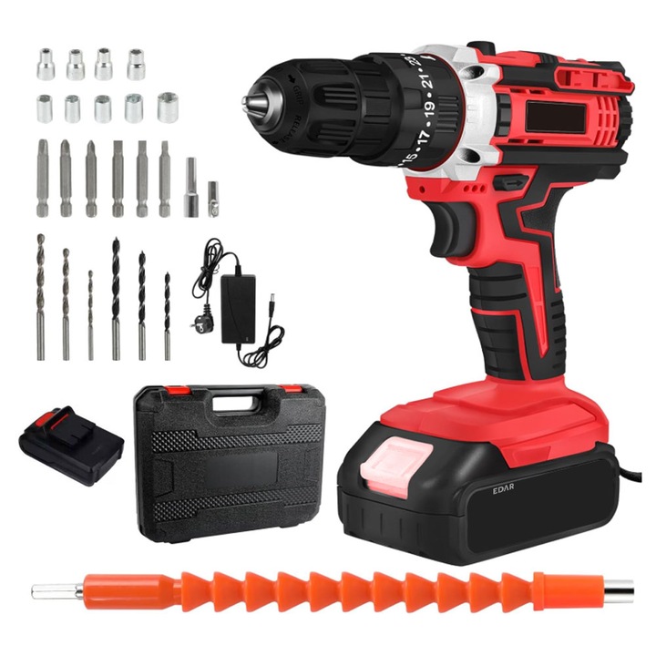 Set Bormasina Cu Percutie EDAR, Fara Fir, 2 Acumulatori 36V Reincarcabili, Potrivita Pentru Reparatii, Infiletare, Gaurire, 34 De Accesorii, Prelungitor Flexibil, Autofiletanta, 18 Trepte Turatie, Putere 2.0 Ah, Transport Transport Inclusa, Rosu/Negru