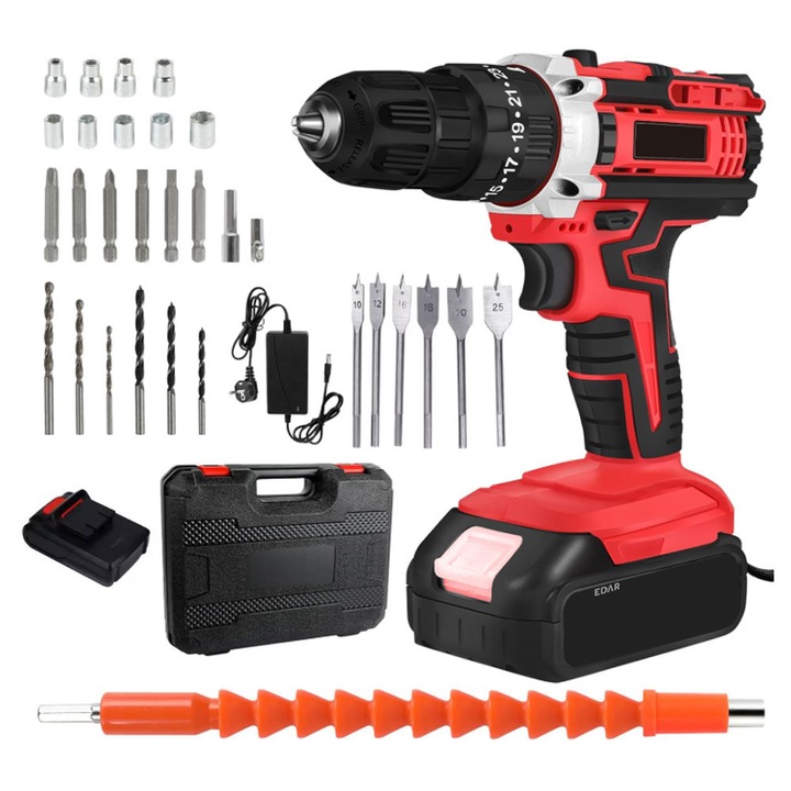 Set Bormasina Cu Percutie EDAR, Fara Fir, 2 Acumulatori 36V Reincarcabili, Potrivita Pentru Reparatii, Infiletare, Gaurire, 40 De Accesorii, Prelungitor Flexibil, Autofiletanta, 18 Trepte Turatie, Putere 2.0 Ah, Transport Transport Inclusa, Rosu/Negru