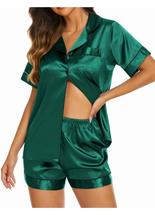 Pijama dama satin HIDARLING, satin moale, model cu nasturi si buzunar, Verde, XL-2XL