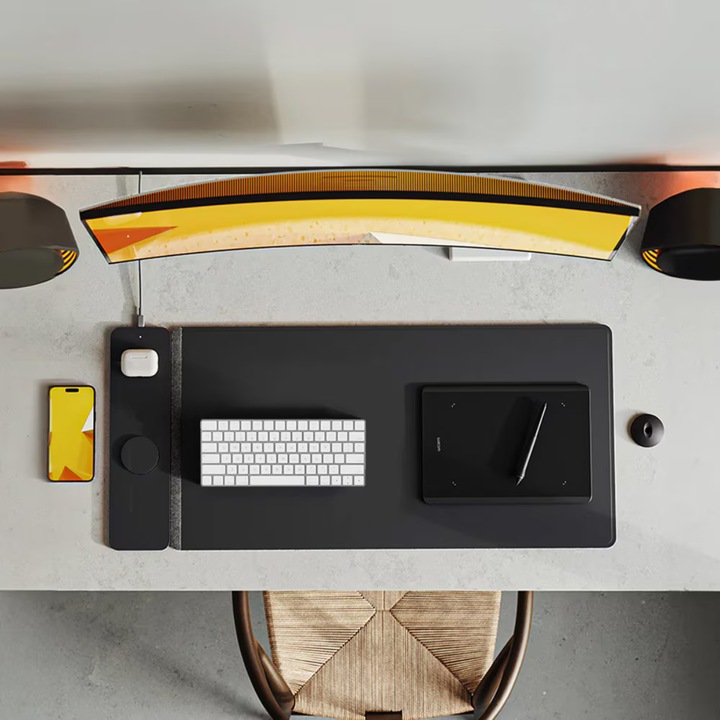 Mousepad cu Incarcare rapida Wireless 2x15W, Protectie pentru birou Dasbo®, Rezistent la apa si usor de curatat, Design premium - reversibil, Separabil cu atractie magnetica, Pentru Gaming, Birou, Office, Anti-Derapant, 37x78cm lungime, Negru