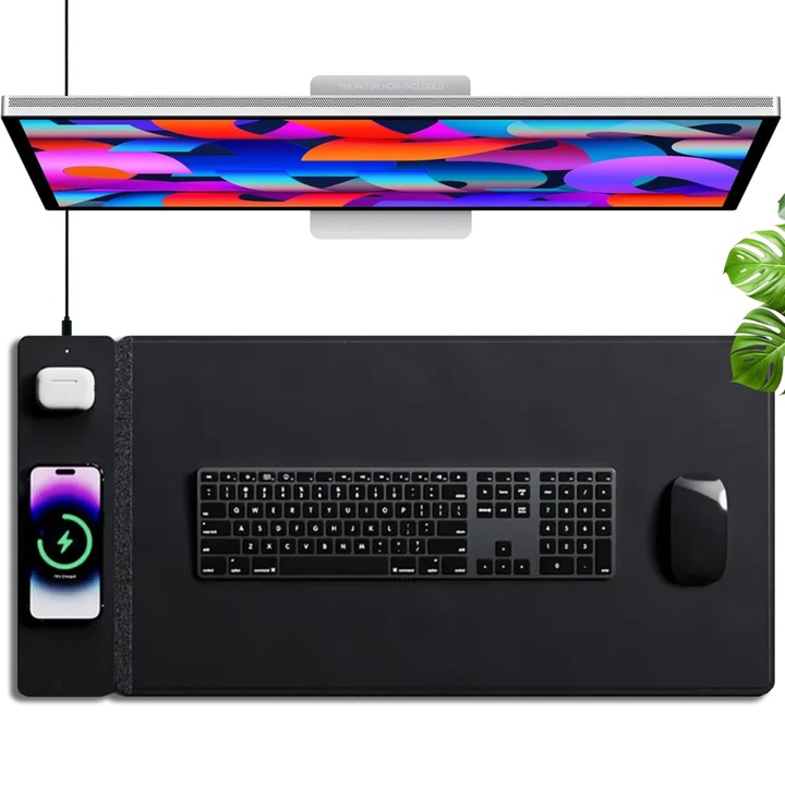 Mousepad cu Incarcare rapida Wireless 2x15W, Protectie pentru birou Dasbo®, Rezistent la apa si usor de curatat, Design premium - reversibil, Separabil cu atractie magnetica, Pentru Gaming, Birou, Office, Anti-Derapant, 37x78cm lungime, Negru