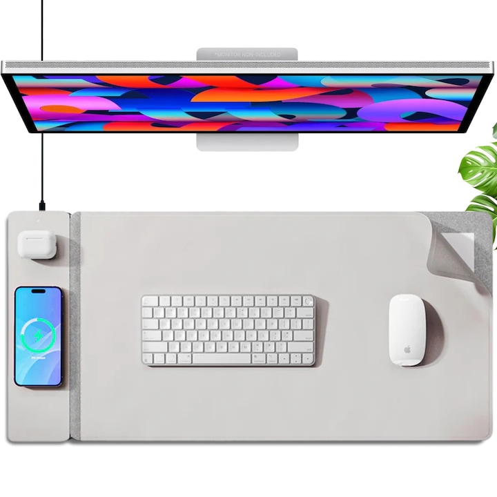 Mousepad cu Incarcare rapida Wireless 2x15W, Protectie pentru birou Dasbo®, Rezistent la apa si usor de curatat, Design premium - reversibil, Separabil cu atractie magnetica, Pentru Gaming, Birou, Office, Anti-Derapant, 37x78cm lungime, Gri