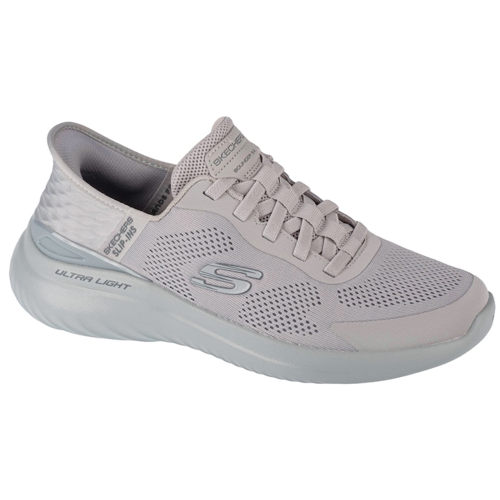 Skechers, Pantofi sport slip-ins din plasa cu detalii logo Bounder 2.0, Gri