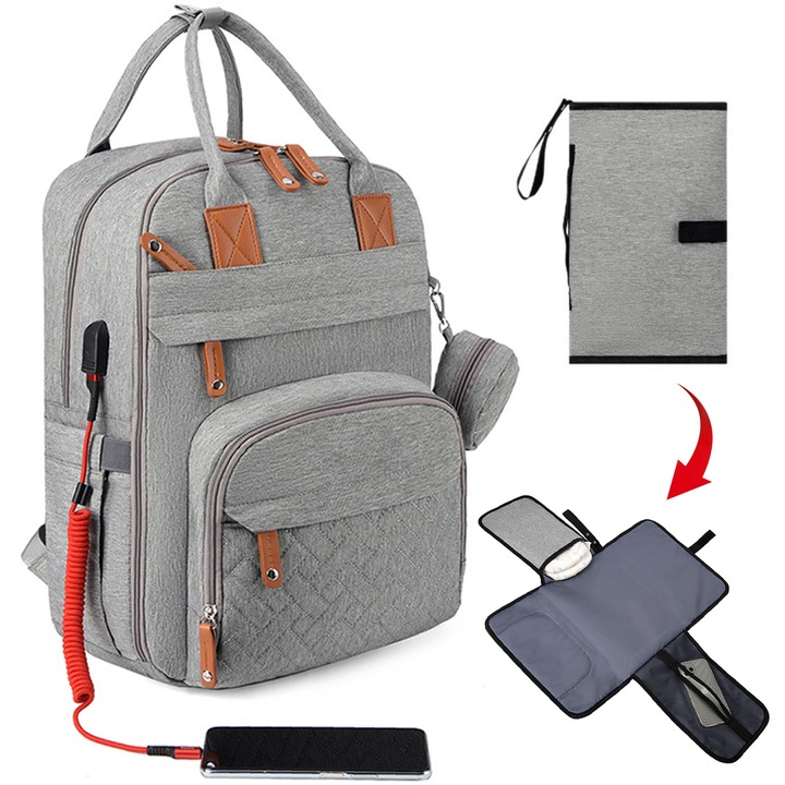 Geanta Bebelusi, Yulinland®, Rucsac Multifunctional Impermeabil, Travel Organizer set cu Changing Pad, Gri, 30x16x44cm