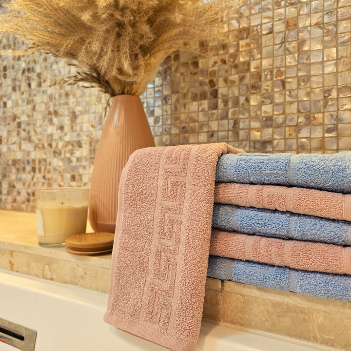 Set 6 prosoape pentru maini Kotonia Home- Greek Border, 30x50 cm, 100% Bumbac, bleu si roz ars