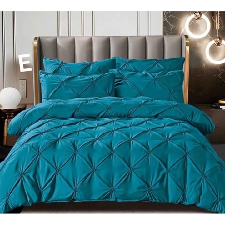 Lenjerie de pat dublu, Home, Uni, Model Pliuri Brodate, 6 piese, Finet, 160x200cm, Turcoaz