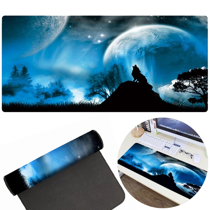 Mouse Pad CCmax Gaming Profesional, 90x40 cm, Baza Cauciucata, Cusaturi Laterale, Model Lup Singuratic, Compatibil cu Orice Tip de Mouse pentru PC si Laptop