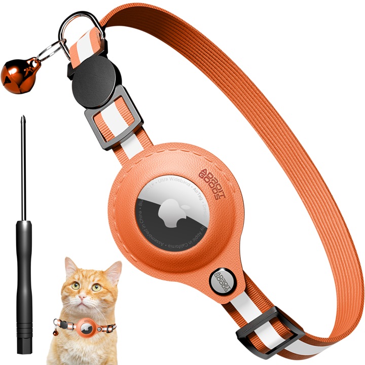 AdroitGoods Airtag Нашийник за котки/кучета - Оранжев - Gps Tracker Pet - Съвместим с Apple AirTag
