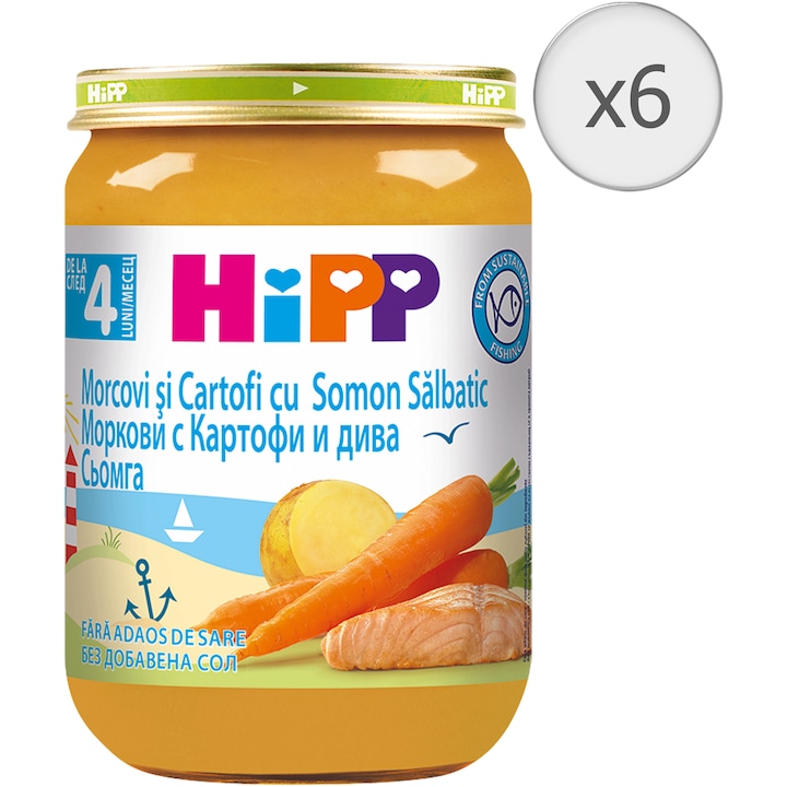 Pachet 6x Morcovi si cartofi cu somon salbatic HiPP, 190 g, 4 luni+