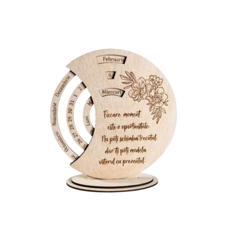 Calendar perpetuu, decorativ din placaj de fag culoare natur, cu mesaj gravat