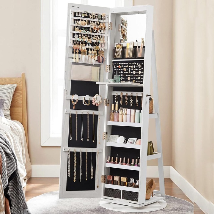 Oglinda de podea cu suport rotativ la 360A°, cu spatiu de depozitare, 55x55x162 cm, alb cenusiu