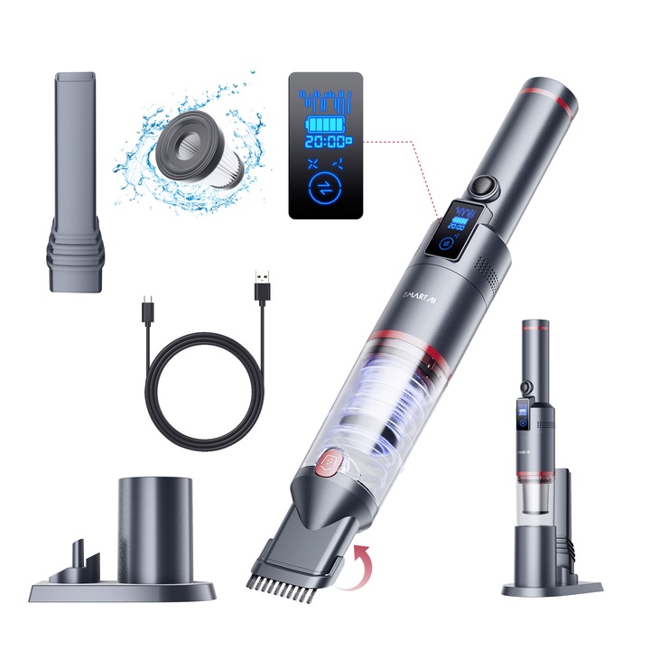 SmartAI H5 - Vezeték nélküli újratölthető kézi porszívó - 145W/17000Pa - akár 30 percig - LED kijelző - autóhoz, otthonhoz, hajra