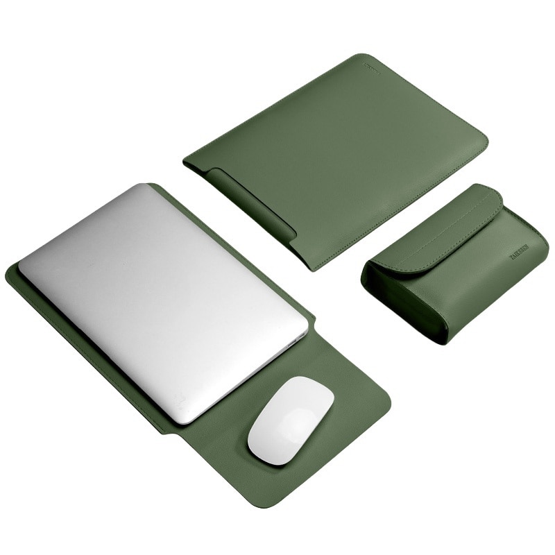 Husa laptop set 2 bucati, piele ecologica, impermeabila, verde, pentru 13.3-14 inch, cu tavita pentru mouse-ul notebook-ului, geanta cu buzunar, accesorii pentru geanta computerului, potrivita pentru laptop