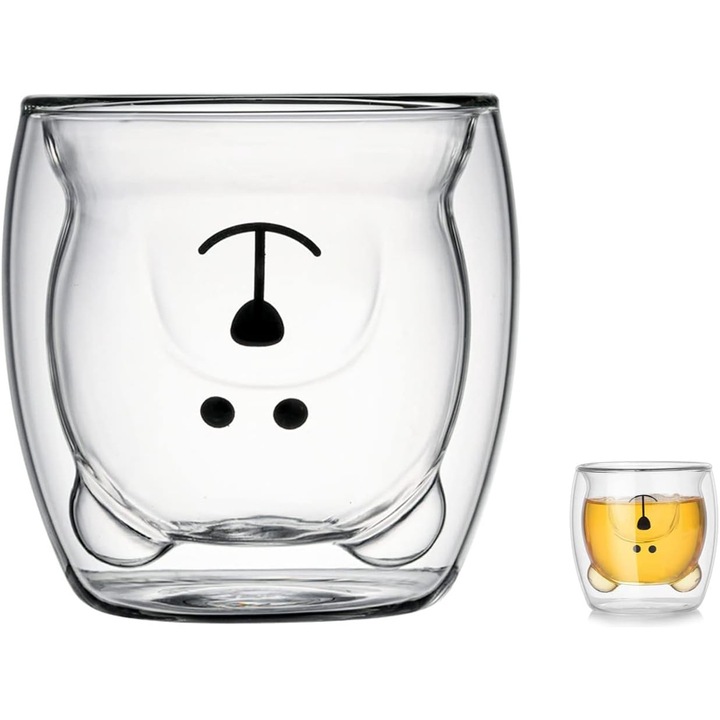 Cana din Sticla Dubla Borosilicata, ElectricS, cu pereti dubli si Design cu Ursulet, Rezistenta la Cald si Rece