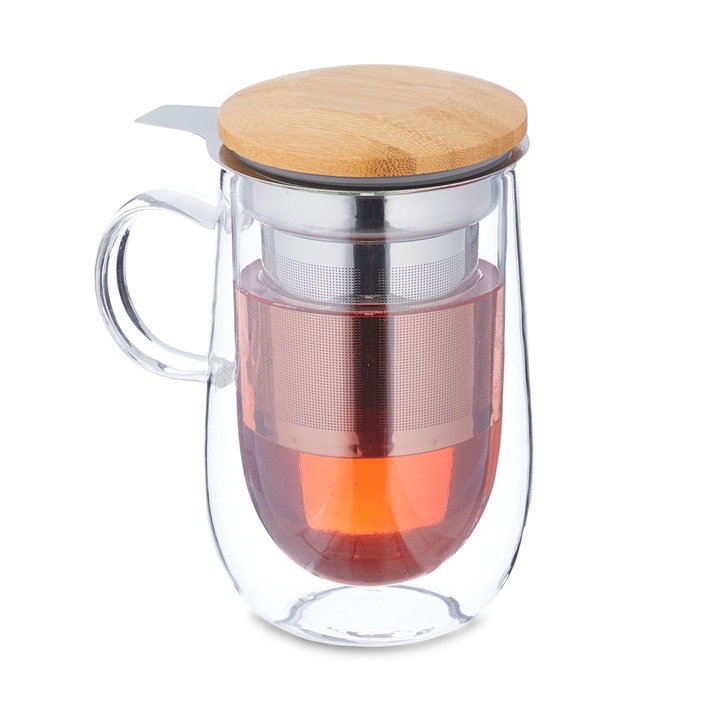 Cana din Sticla cu Infuzor si Capac din Bambus, 430 ml, Borosilicat cu Perete Dublu pentru a Mentine Temperatura, Maner Ergonomic