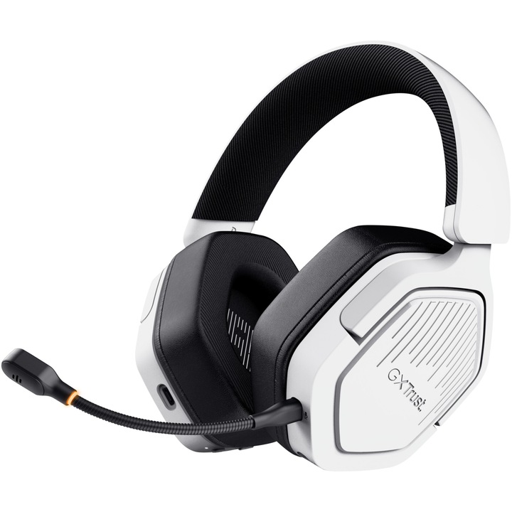 Безжични слушалки Trust GXT493W CARUS, 2,4 Ghz приемник, мултиплатформен, възпроизвеждане до 20 часа, 50 мм драйвери, микрофон, съвместим компютър, PS4/PS5/Nintendo, USB-AC кабел за зареждане, 3,5 мм, бял