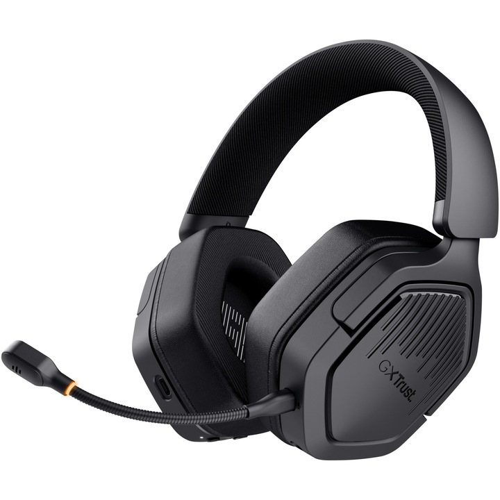 Безжични слушалки Trust GXT493 CARUS, 2,4 Ghz приемник, мултиплатформен, възпроизвеждане до 20 часа, 50 мм драйвери, микрофон, съвместим компютър, PS4/PS5/Nintendo, USB-AC кабел за зареждане, 3,5 мм, черен