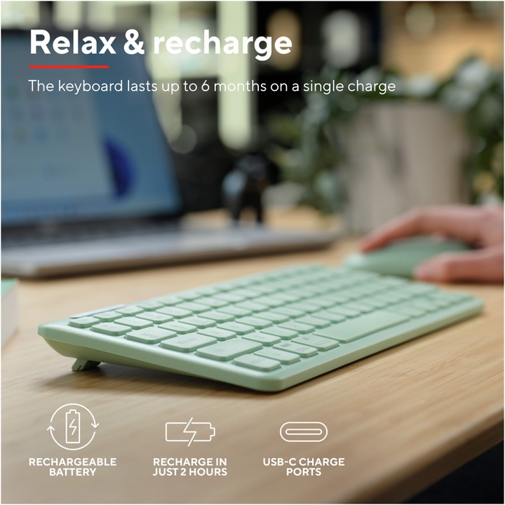 Tastatura Wireless compacta Trust Lyra, RF 2.4GHz, Bluetooth, QWERTY, USB-A/USB-C, Verde