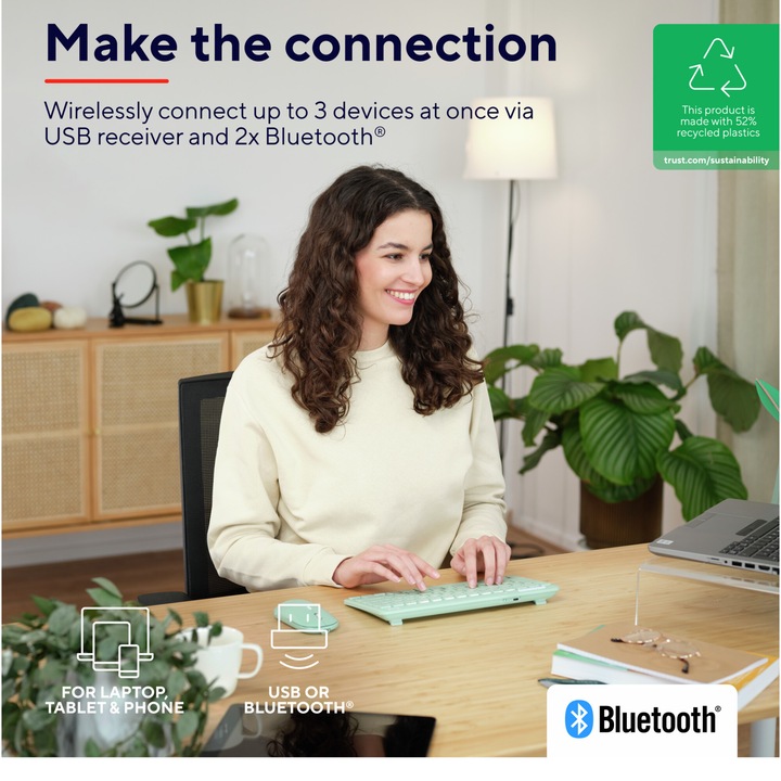 Tastatura Wireless compacta Trust Lyra, RF 2.4GHz, Bluetooth, QWERTY, USB-A/USB-C, Verde