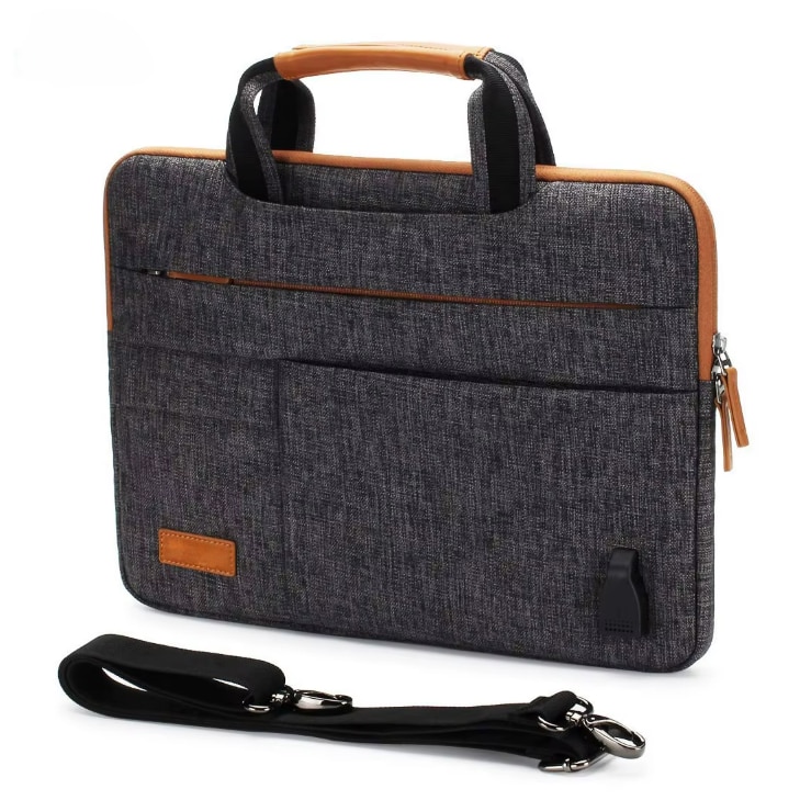 Geanta pentru laptop, Zola®, diagonala maxima 15.6″, inchidere fermoar, captusita cu un burete gros impotriva socurilor, bretea confortabila pentru umar, 2 buzunare laterale, impermeabila, port de incarcare USB, 37 x 28 cm, gri cu maro