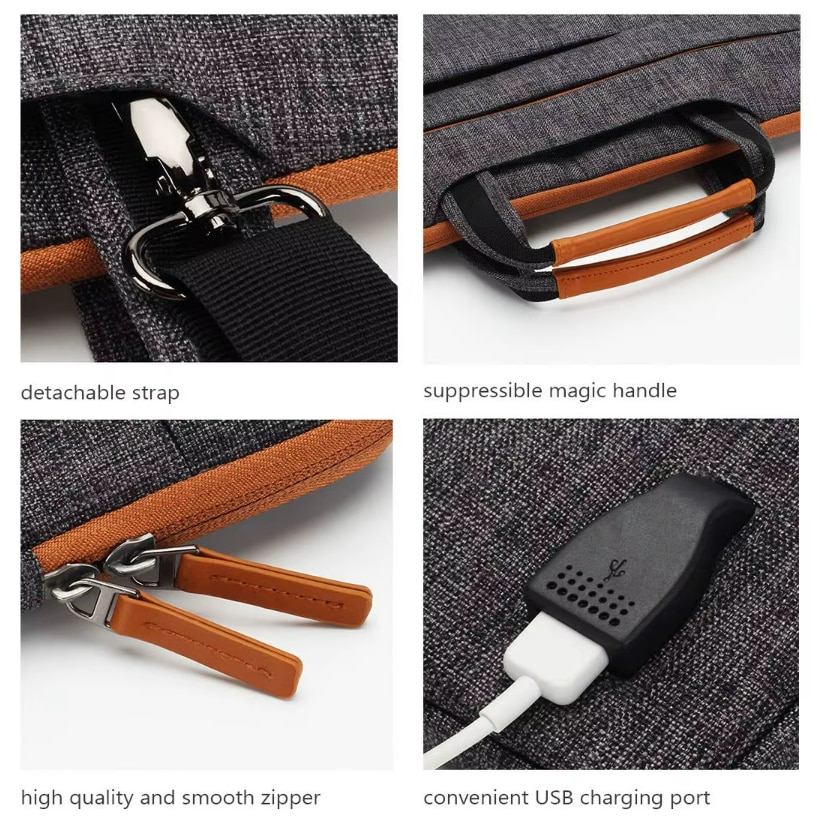 Geanta pentru laptop, Zola®, diagonala maxima 15.6″, inchidere fermoar, captusita cu un burete gros impotriva socurilor, bretea confortabila pentru umar, 2 buzunare laterale, impermeabila, port de incarcare USB, 37 x 28 cm, gri cu maro
