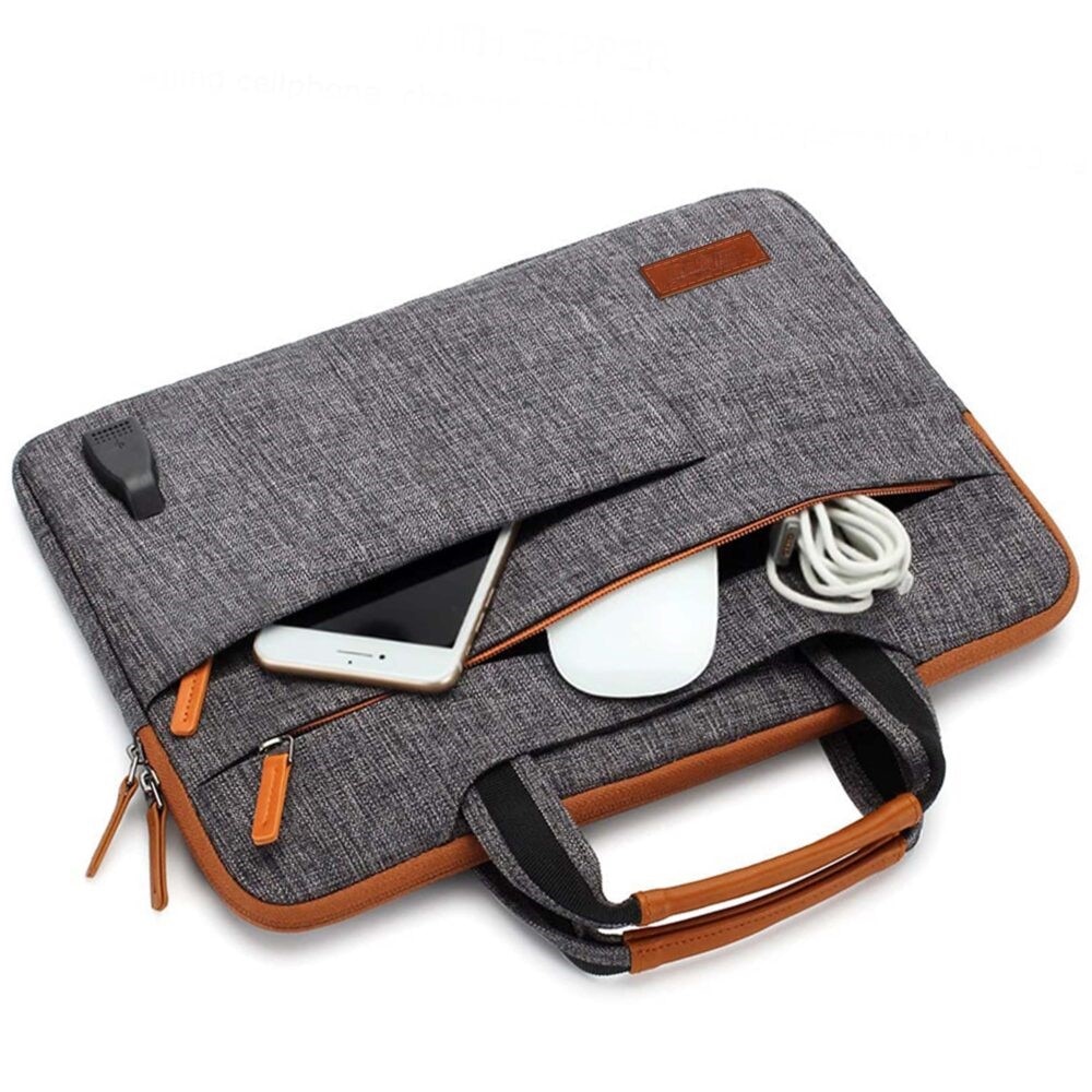 Geanta pentru laptop, Zola®, diagonala maxima 15.6″, inchidere fermoar, captusita cu un burete gros impotriva socurilor, bretea confortabila pentru umar, 2 buzunare laterale, impermeabila, port de incarcare USB, 37 x 28 cm, gri cu maro