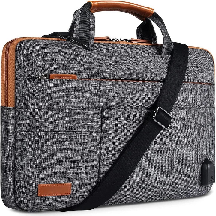 Geanta pentru laptop, Zola®, diagonala maxima 15.6″, inchidere fermoar, captusita cu un burete gros impotriva socurilor, bretea confortabila pentru umar, 2 buzunare laterale, impermeabila, port de incarcare USB, 37 x 28 cm, gri cu maro