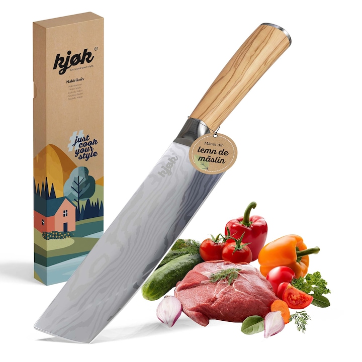 kjøk Cutit Nakiri premium duritate 58±2 HRC lama din otel ultra-ascutita antiaderenta 17 cm maner din lemn de maslin antibacterian