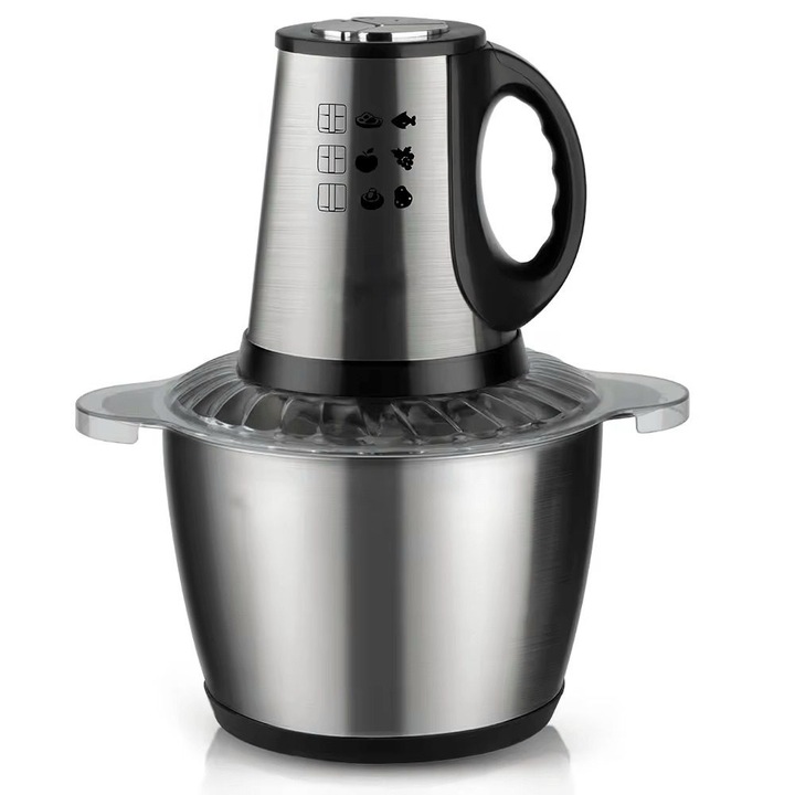 Електрически чопър за месо и зеленчуци, 4 висококачествени остриета от неръждаема стомана, 3L капацитет, 1000W, Контейнер от неръждаема стомана, сребрист