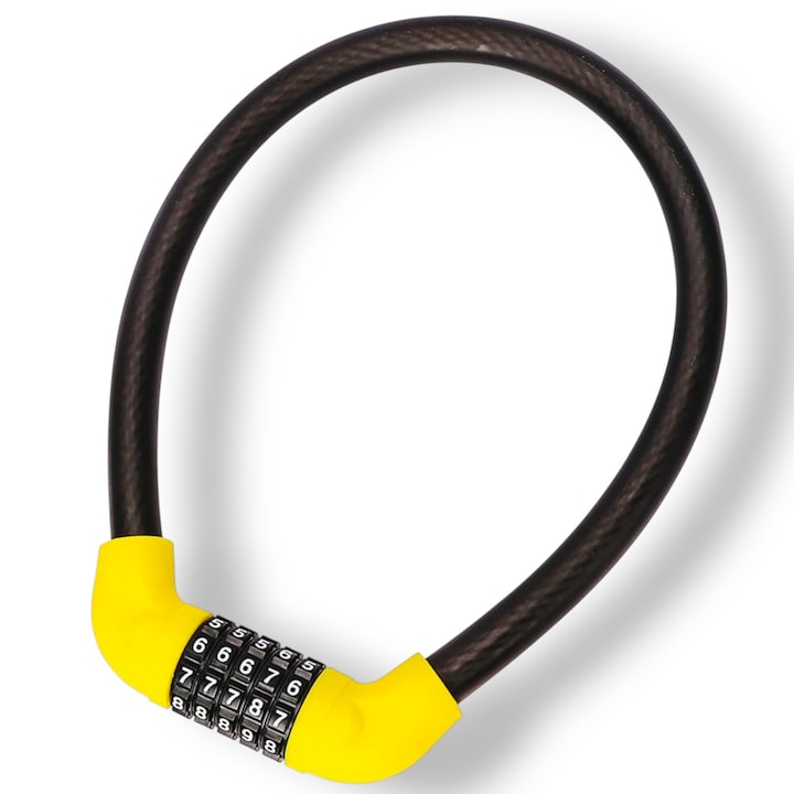 Lacat antifurt blocator cu cifru pentru motocicleta, bicicleta, scuter, trotineta, universal, culoare negru/galben, otel spiralat si pvc, rezistent apa si praf, lungime 57cm