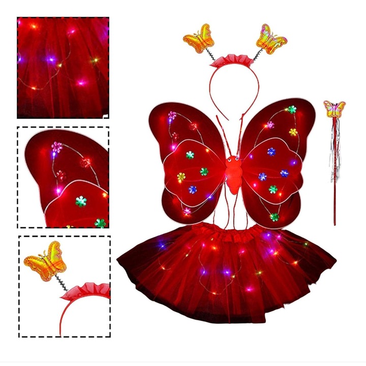 Costum Fluturas cu Aripi Modelabile Luminoase pentru Copii, Danex, Fusta din Tul cu Lumini, Bagheta si Bentita, 4 piese, Pentru Halloween, Craciun, Carnaval, Paste, Ziua Copilului, Bumbac/Poliester, Marime universala, Rosu