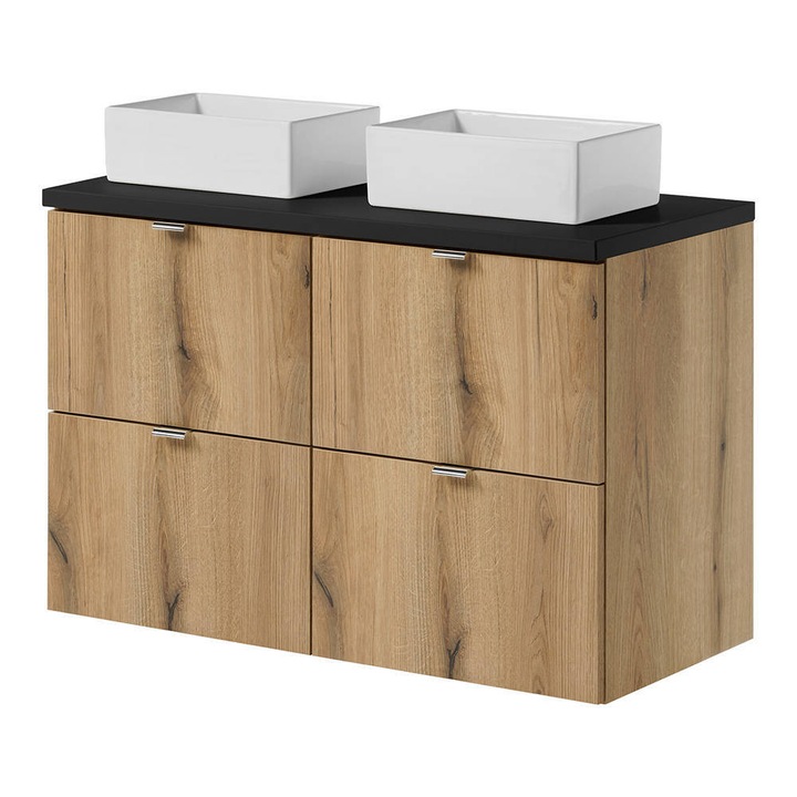 Set dulap baie cu lavoar dreptunghiular, en.casa, 65 Newport, 100, 4x70, 5x40 cm, pal, mdf, ceramica, efect lemn stejar, negru