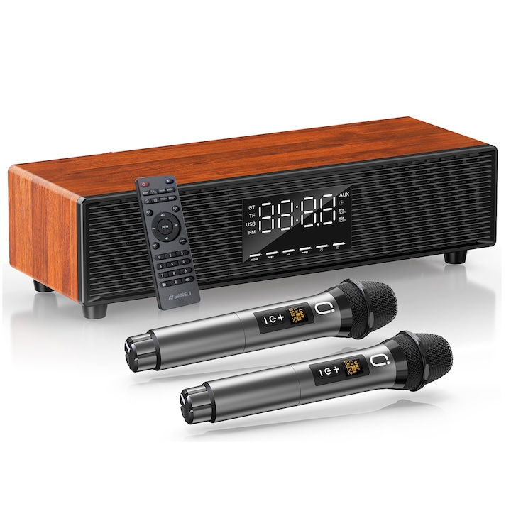Саундбар със субуфер, FanFun, 50W, Bluetooth/USB/HDMI/AUX, 2 безжични микрофона, дистанционно управление