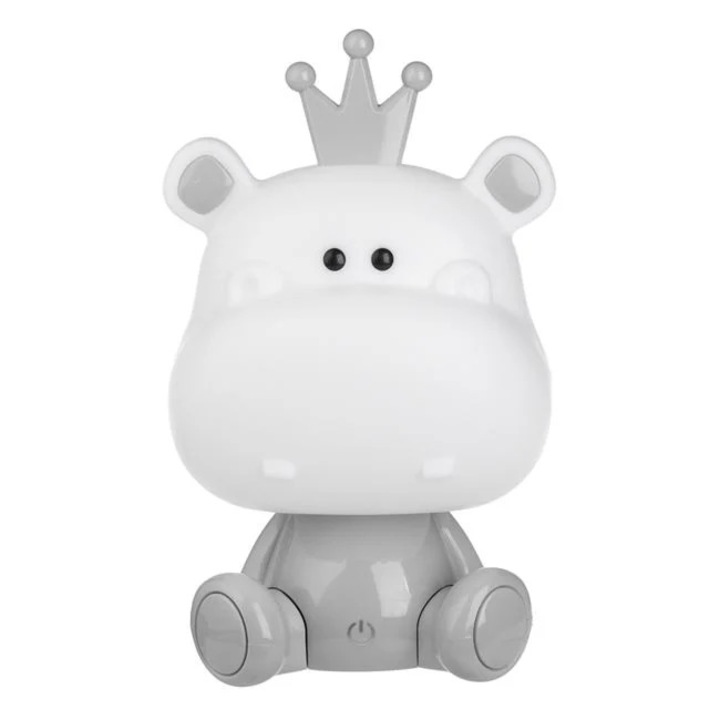 Lampa de veghe ANGMAD, Hipopotam decorat cu o coroana, 3 niveluri de lumina, autonomie proprie, incarcare USB (cablu inclus), dimensiune: 23cm, culoare: alb-gri, unisex
