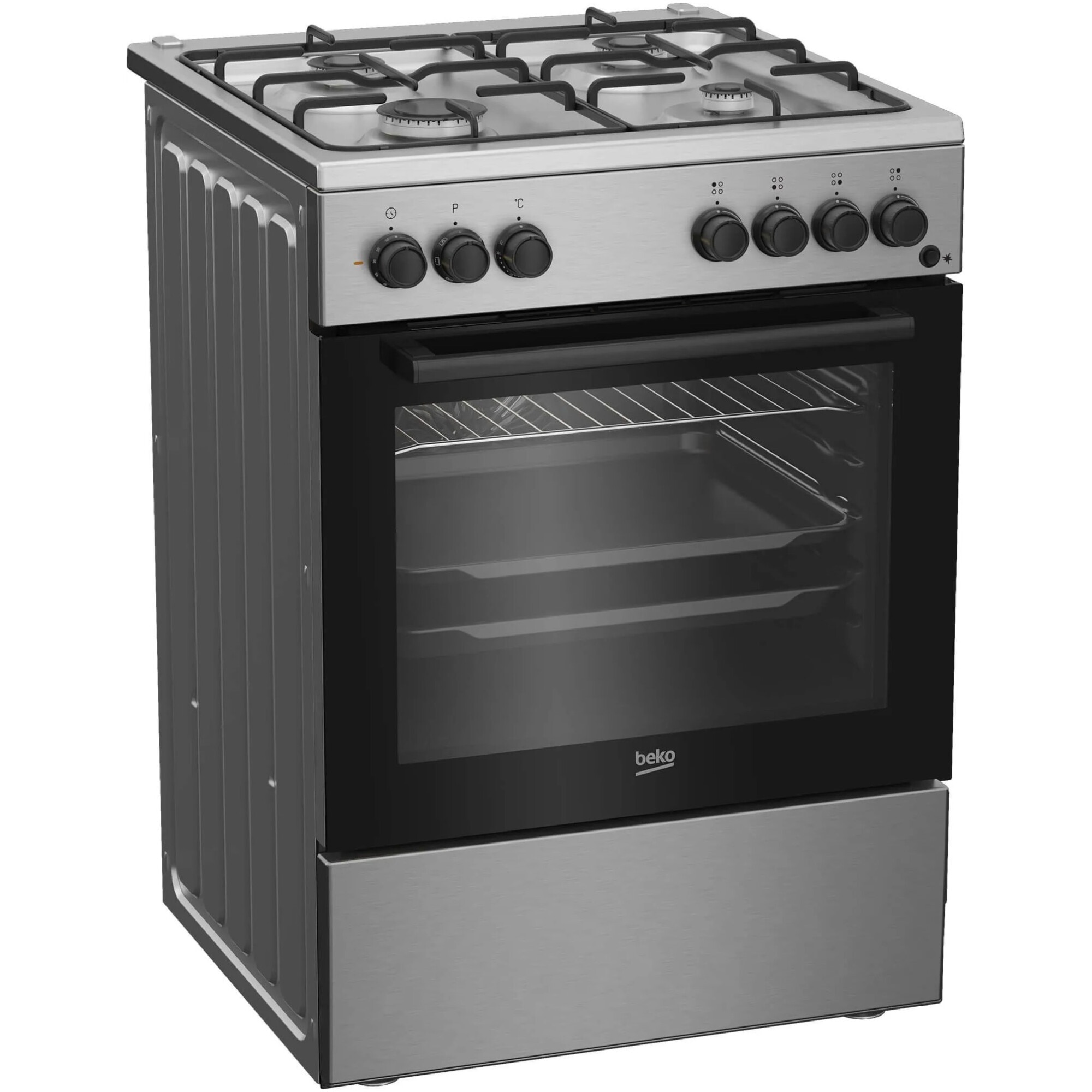 Aragaz Beko FBSE62120XD, Mixt, 4 arzatoare, Aprindere electrica, Gatire asistata cu ventilatie, Grill, 60 cm, Inox