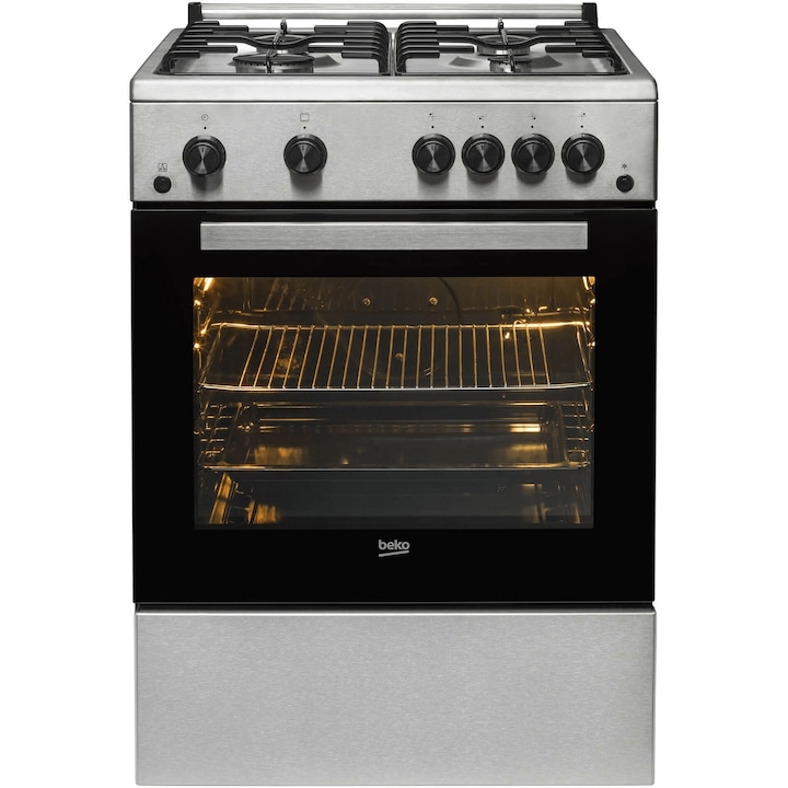 Aragaz Beko FBGT62110DXO, Gaz, 4 arzatoare, Aprindere electrica plita/cuptor, Grill, Rotisor, High-Efficiency Gas Burner, Timer, 60 cm, Inox