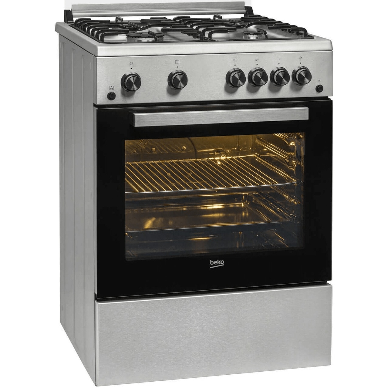 Aragaz Beko FBGT62110DXO, Gaz, 4 arzatoare, Aprindere electrica plita/cuptor, Grill, Rotisor, High-Efficiency Gas Burner, Timer, 60 cm, Inox